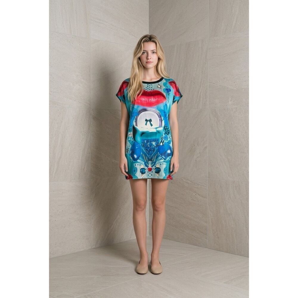 Custo Barcelona Silk Graphic Tunic Mini Dress Multicolor Lips Print Beaded Size